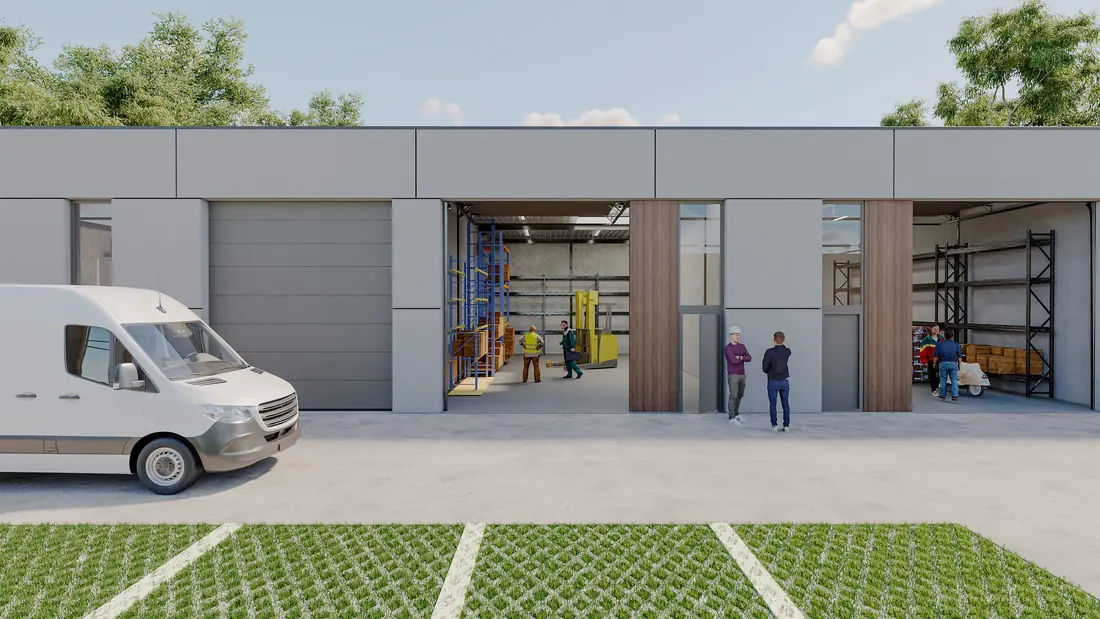 Sarospark — render van een unit in gebruik: sectionaalpoort, laadzone en bestelwagen